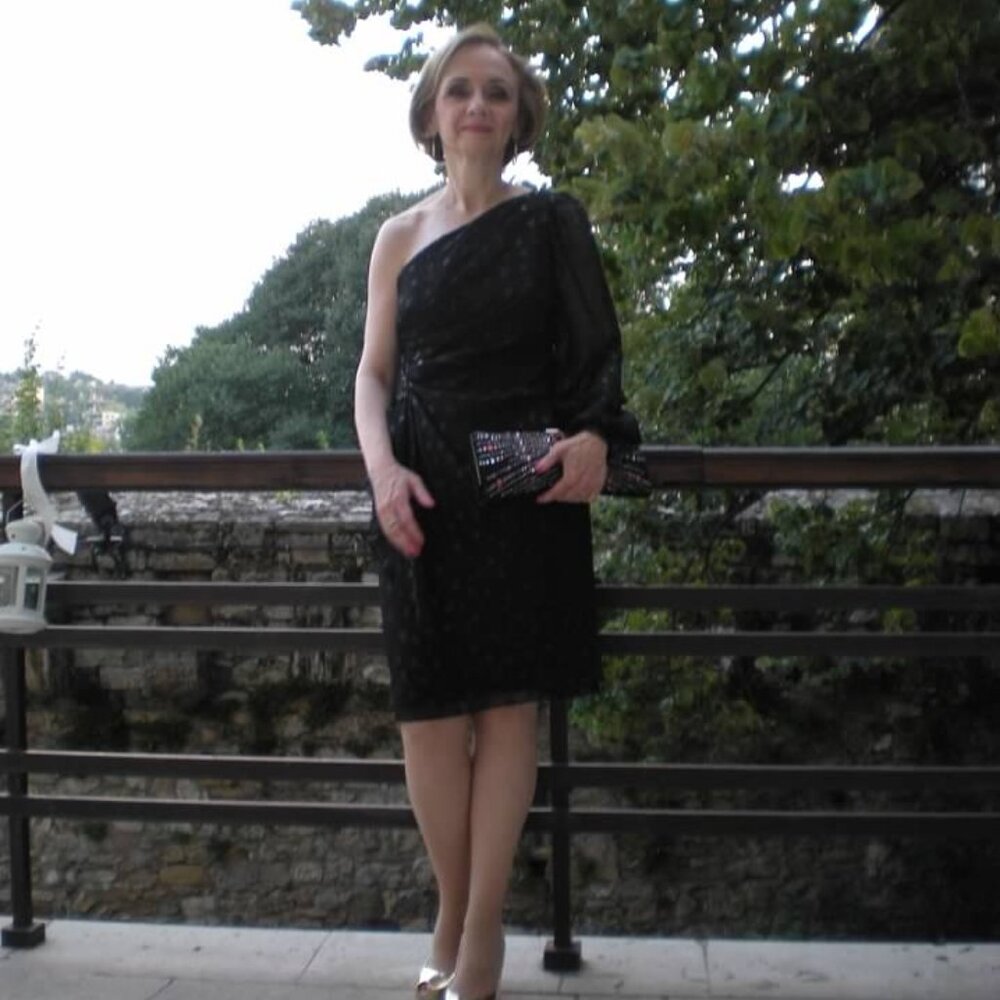 David Meister Black Sequin/Metalic Dot One Shoulder Cocktail Dress